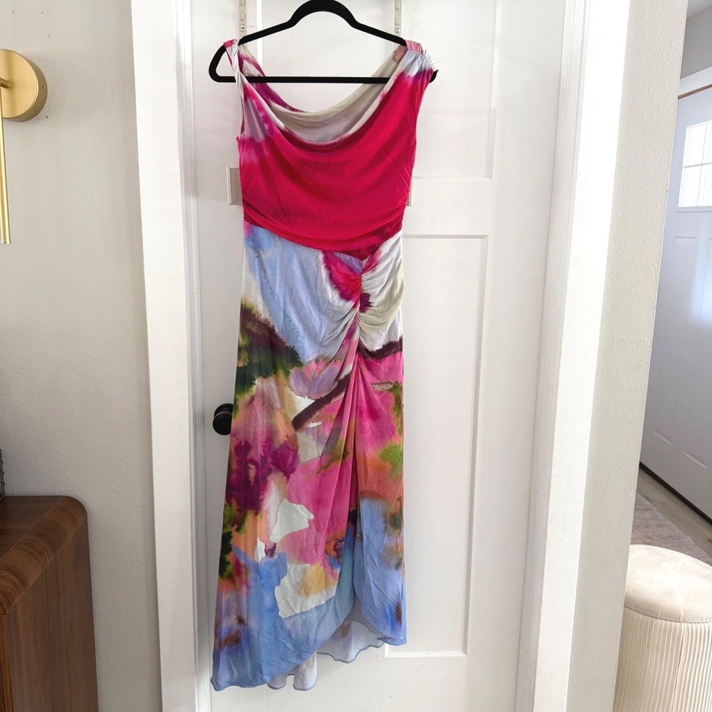 AMUR Ella Printed Jersey Dress Sahara Sky One Shoulder Ruched Size 6 Watercolor